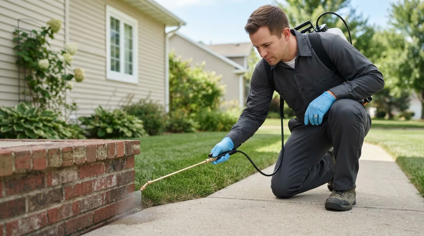 Pest control technician treating a home near Lindsay, CA